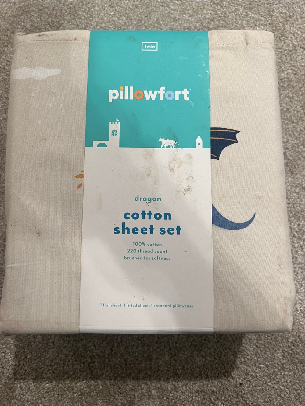 Pillowfort Dragon Cotton Sheet Set - Cream with Blue Accent